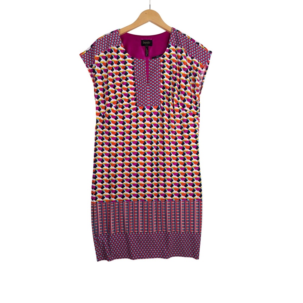 Laundry Shelli Segal Geometric Print‎ Shift V-neck Dress size Medium Pink/Orange